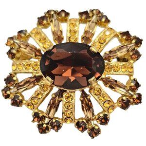 Austria Topaz Rhinestone Oval Starburst Brooch, Signed L990